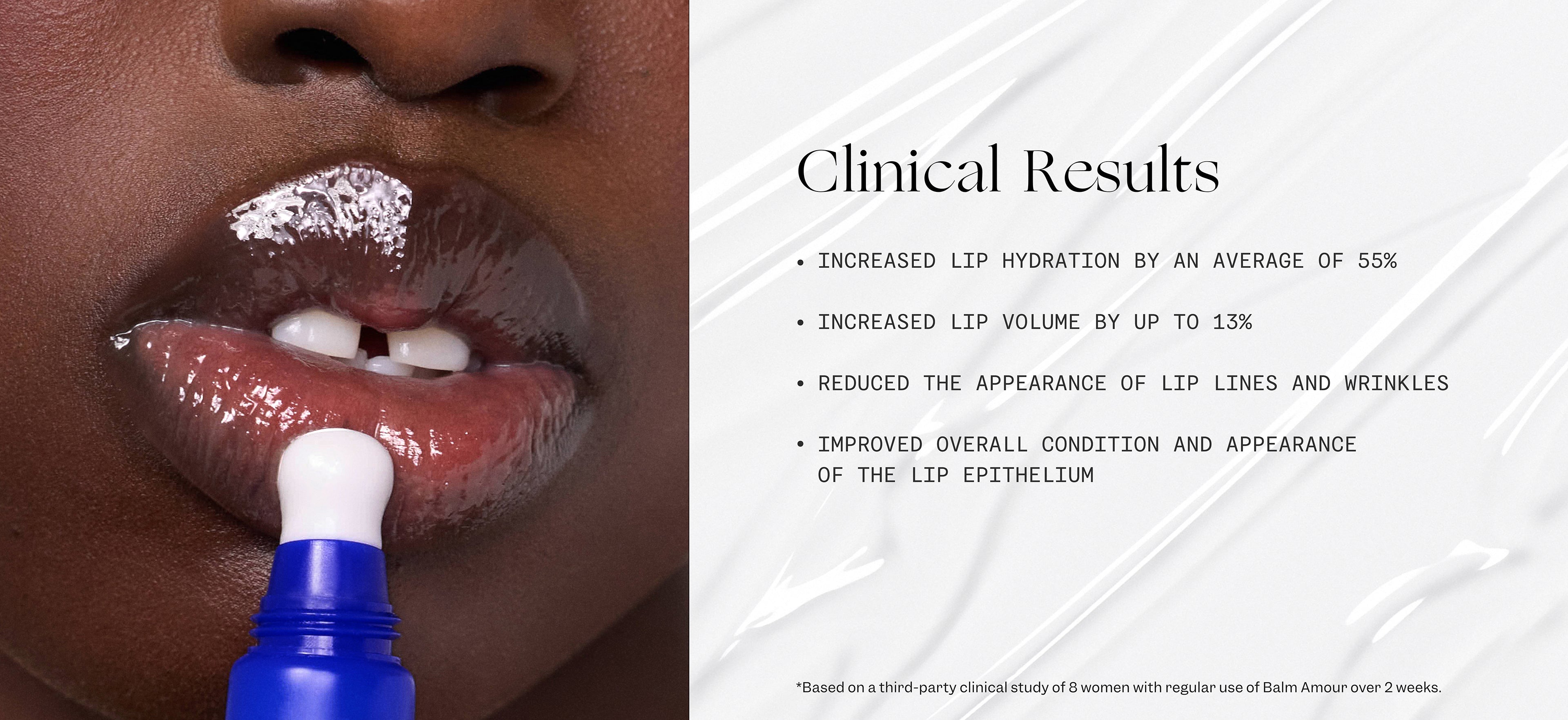 Lip treatment product with clinical results on a white background