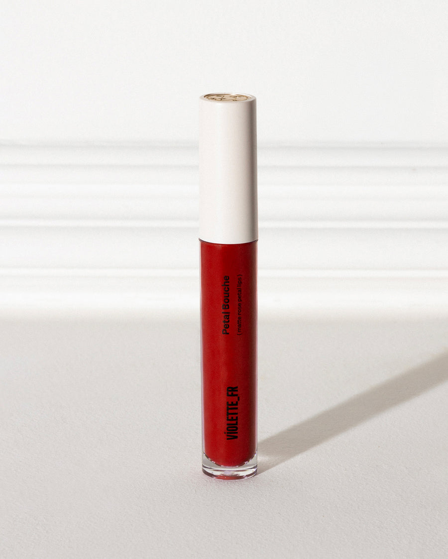 Violette_FR Petal Bouche (matte rose petal lips) liquid lipstick in vibrant red