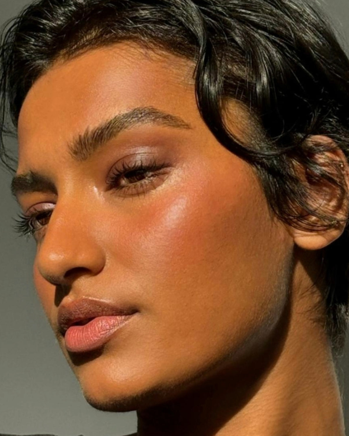 Woman with tan skin has a brown diffused eyeshadow on her eye lids. She also has a terracotta blush on her cheeks. 