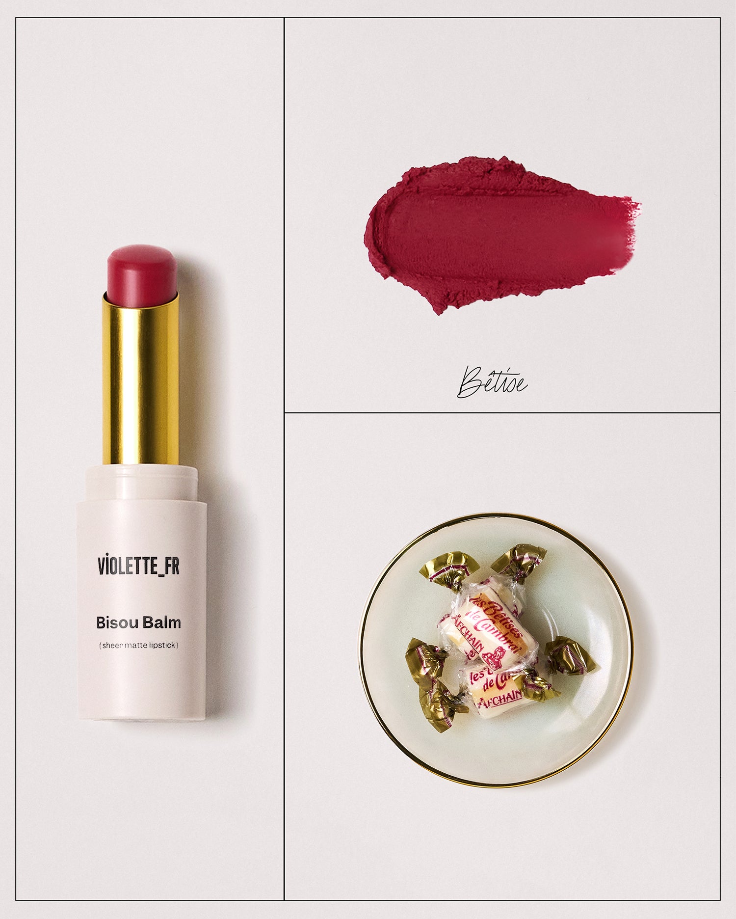 Bisou Balm - Bêtise - Bisou Balm (sheer matte lipstick) by VIOLETTE_FR, a candy red lipstick in a white tube with a gold band. A swatch of the 'betise' shade is shown, alongside two candies on a plate. - Image 9 of 20