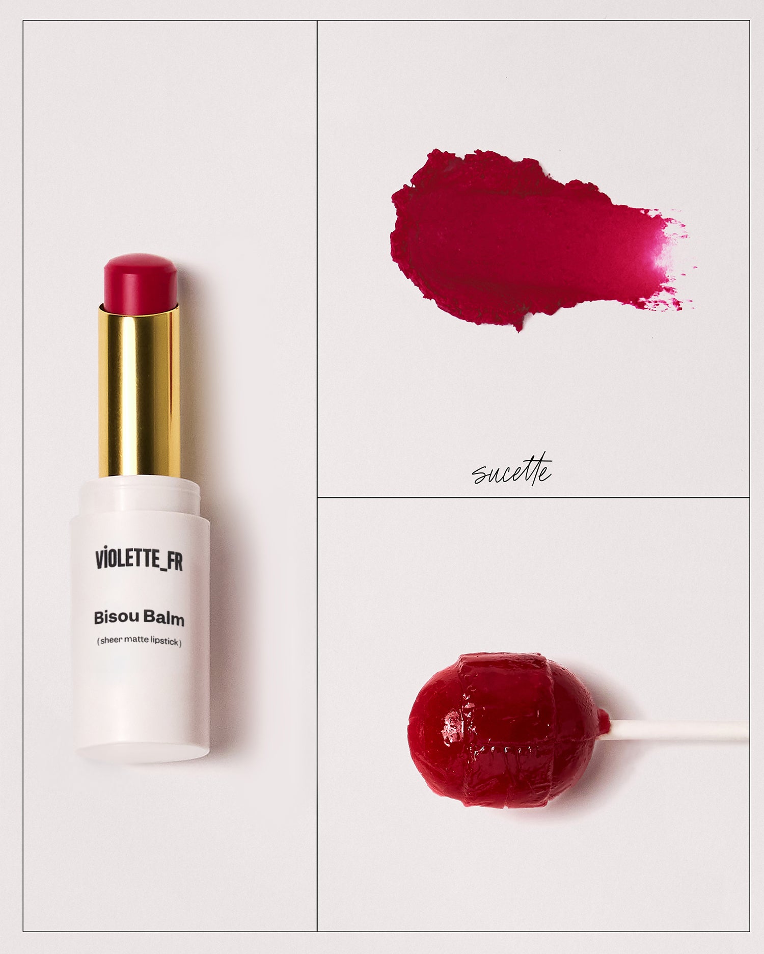 Bisou Balm - Bêtise - Violette_FR Bisou Balm (sheer matte lipstick) in Sucette, a vibrant red shade, shown as a lipstick tube, a swatch, and a red lollipop. - Image 129 of 129