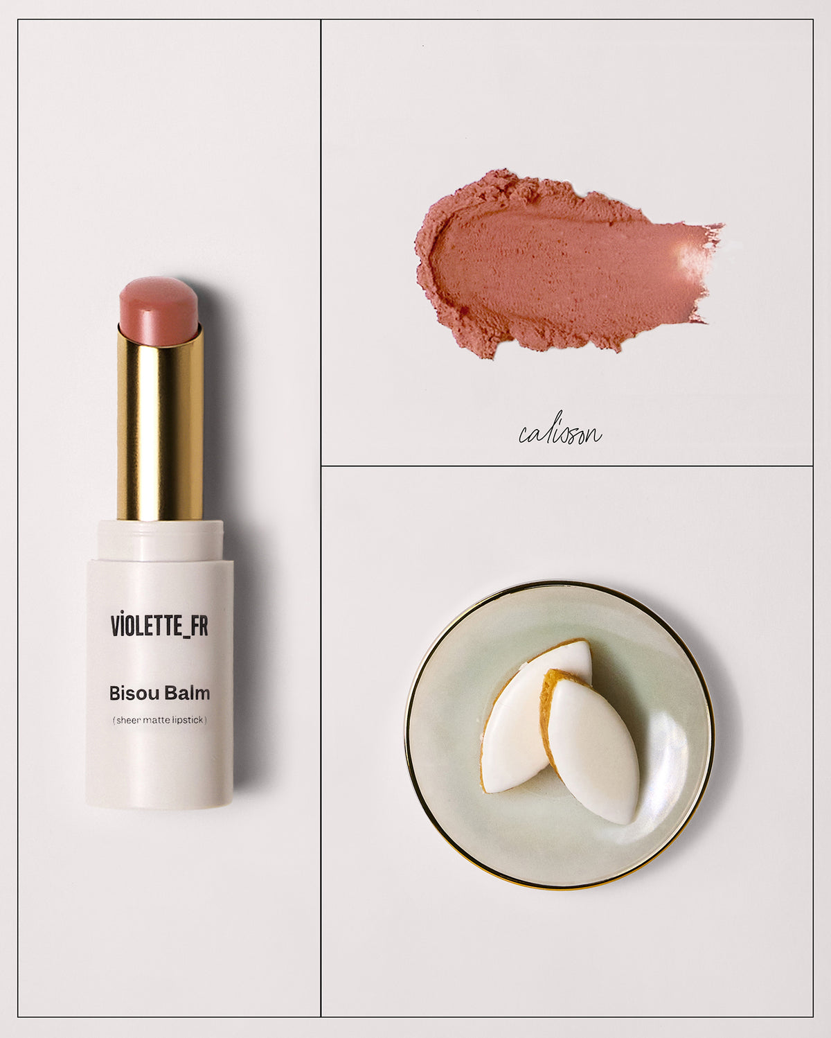 Bisou Balm (sheer matte lipstick) by VIOLETTE_FR, a peachy-pink lipstick in a white tube with a gold band. A swatch of the 'calisson' shade is shown, alongside two calisson candies on a plate.