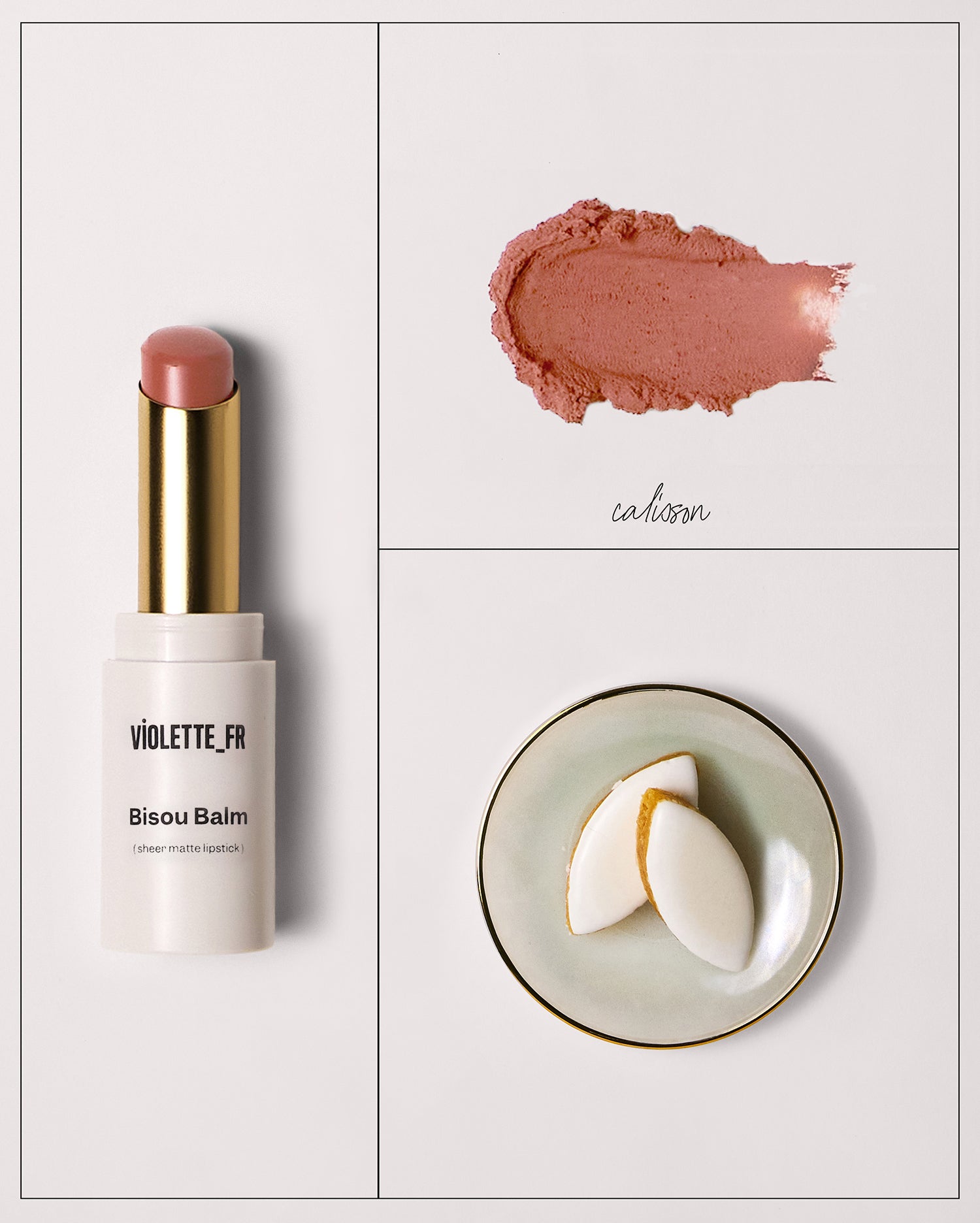 Bisou Balm - Bêtise - Bisou Balm (sheer matte lipstick) by VIOLETTE_FR, a peachy-pink lipstick in a white tube with a gold band. A swatch of the 'calisson' shade is shown, alongside two calisson candies on a plate. - Image 166 of 166