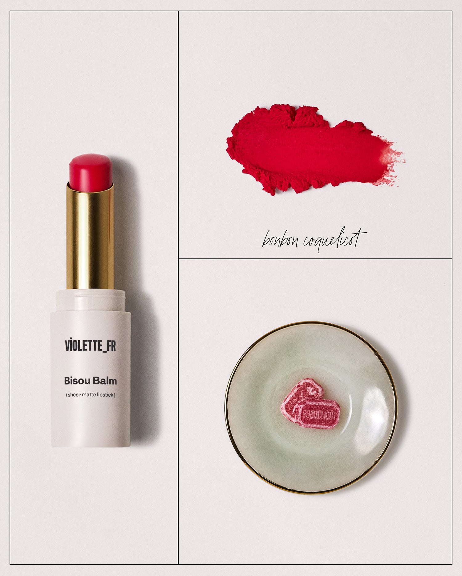 Bisou Balm - Bêtise - Violette_FR Bisou Balm (sheer matte lipstick) in bonbon coquelicot, shown as an extended red lipstick tube, a textured swatch, and heart-shaped candies embossed with COQUELICOT in a small dish. - Image 109 of 109