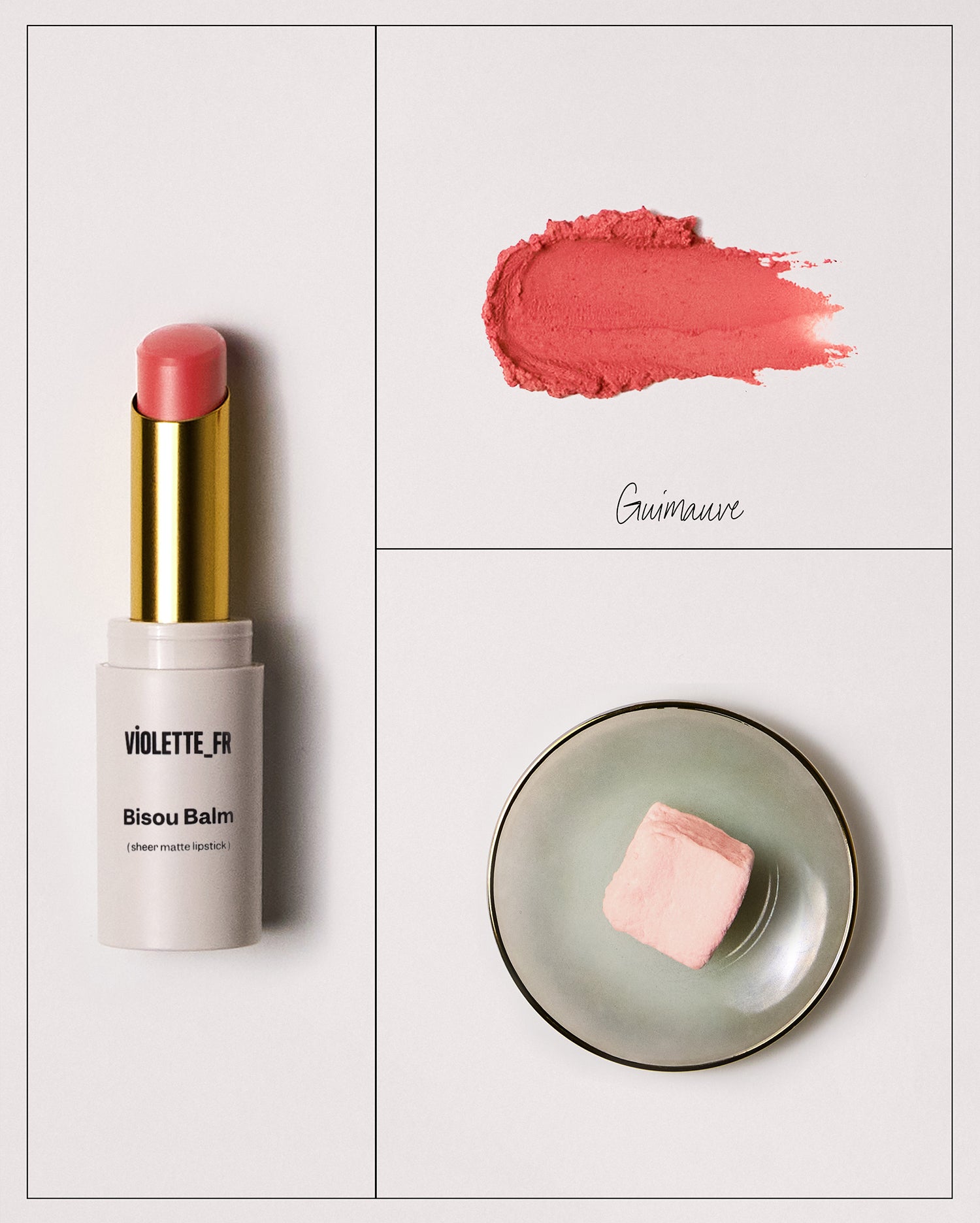 Bisou Balm - Bêtise - Bisou Balm (sheer matte lipstick) by VIOLETTE_FR in shade Guimauve, shown as a peachy-pink lipstick bullet in a light grey tube, a textured swatch of the shade, and a light pink marshmallow on a green plate. - Image 147 of 147