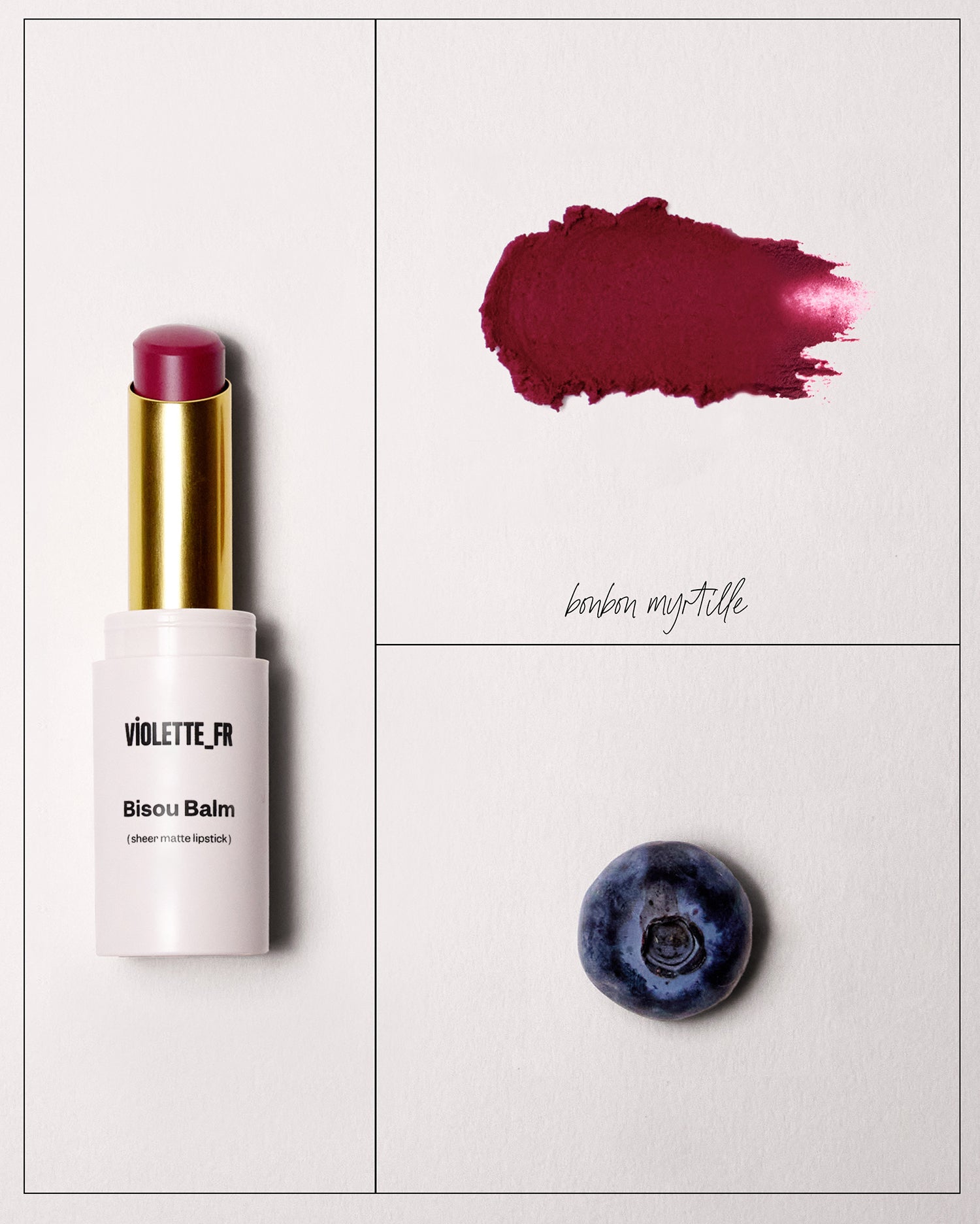 Bisou Balm - Bêtise - Bisou Balm (sheer matte lipstick) by VIOLETTE_FR in 'bonbon myrtille', a deep reddish-purple shade, shown as a lipstick bullet, a swatch, and with a blueberry. - Image 69 of 69