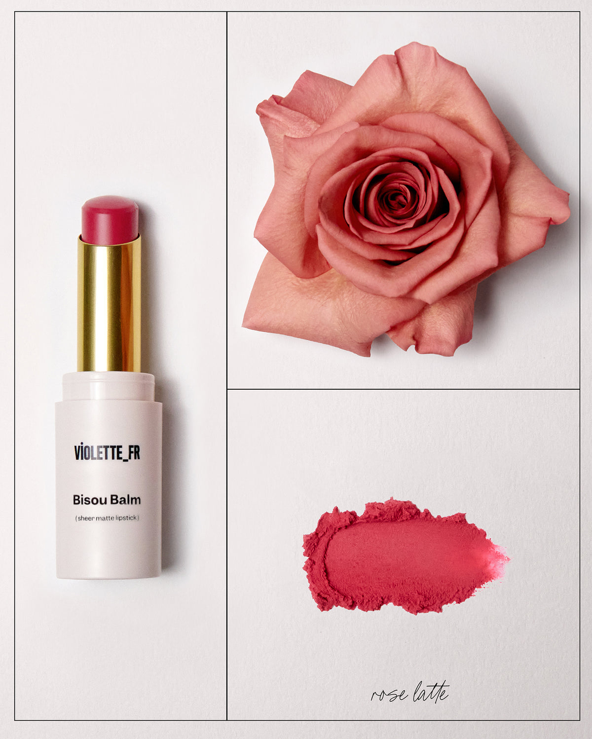 Violette_FR Bisou Balm (sheer matte lipstick) in 'rose latte' shade, shown as a pinkish-red lipstick in its tube, a vibrant pinkish-red swatch, and a pink rose.