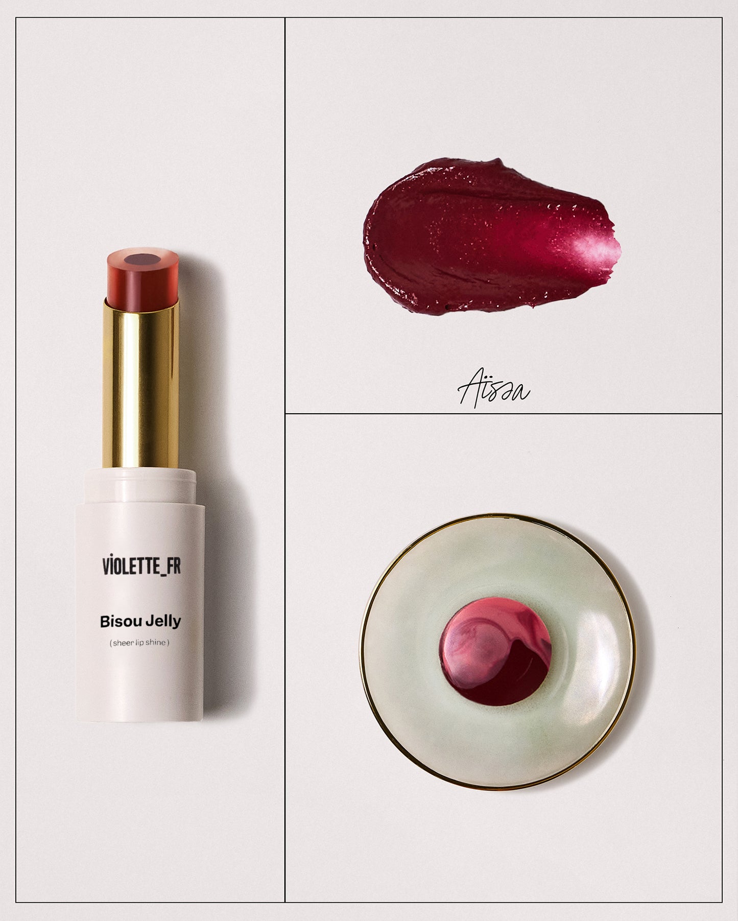 Bisou Jelly (sheer lip shine) by VIOLETTE_FR, shade Aïssa, displayed as a reddish-brown stick in a white and gold tube, a glossy deep berry red swatch, and a swirl of product in a light green dish.