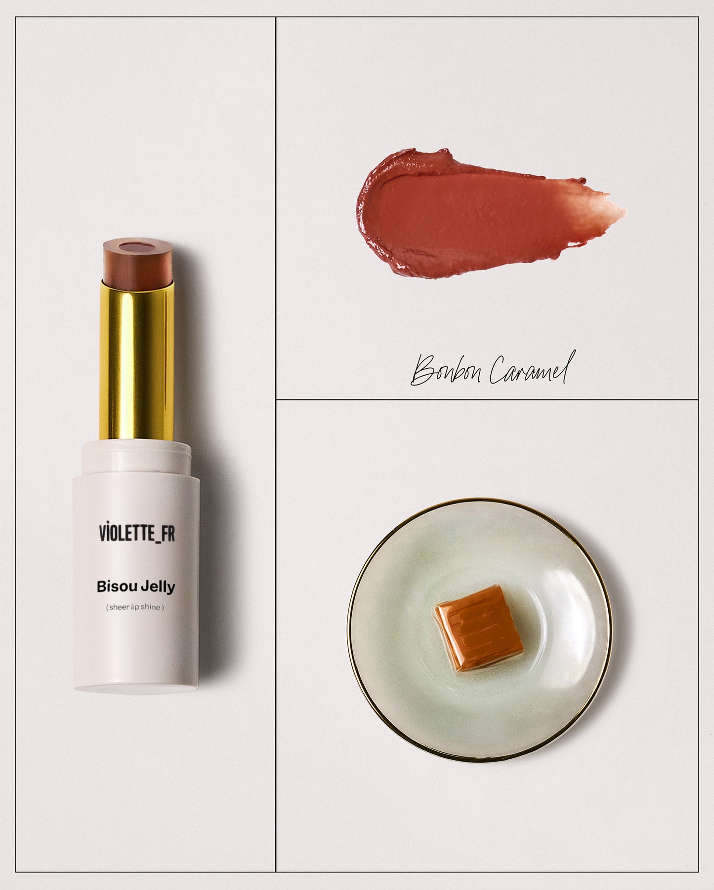 Violette_FR Bisou Jelly sheer lip shine in a white tube, a swatch of the reddish-brown Bonbon Caramel shade, and a caramel candy on a small plate.
