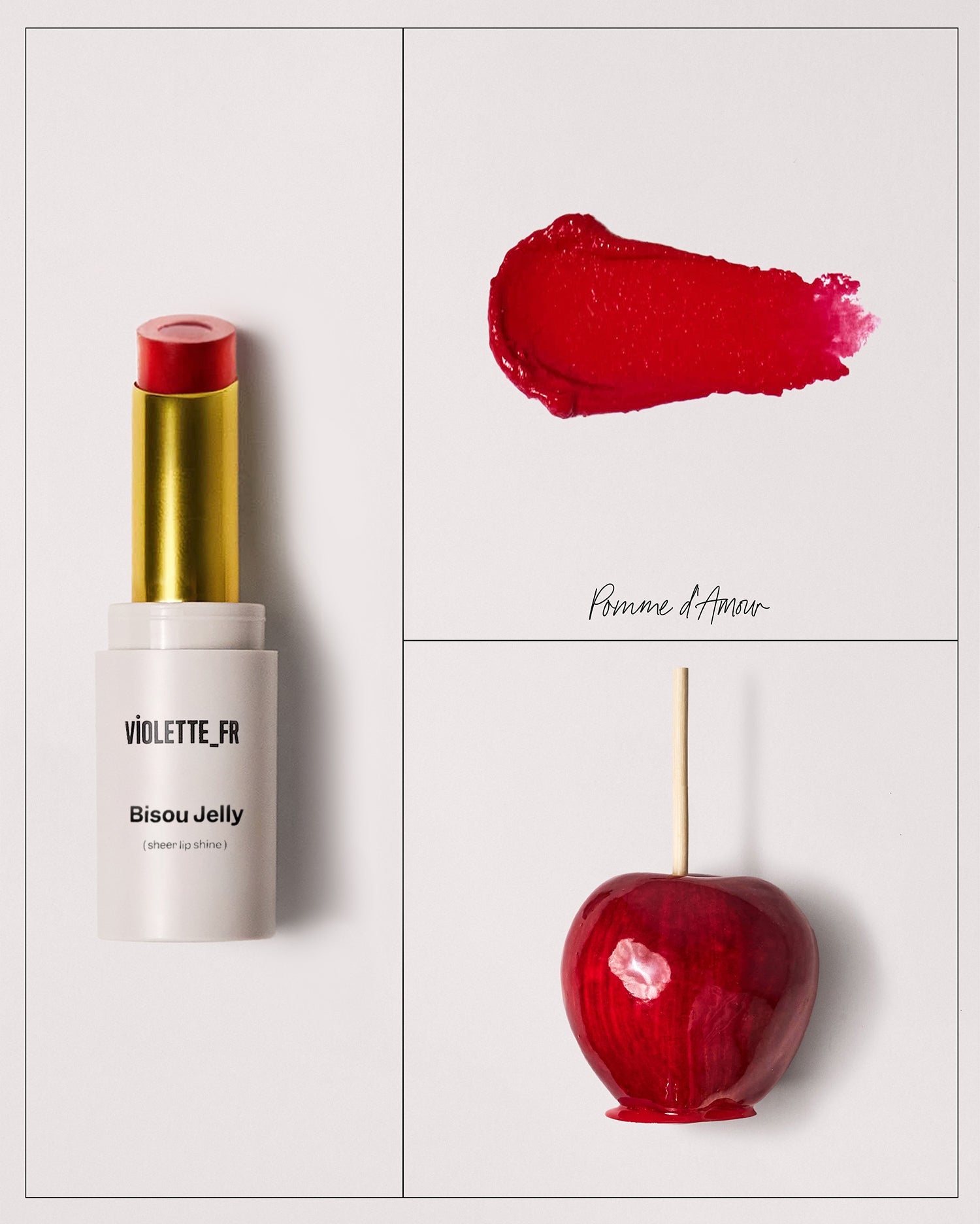 Bisou Jelly - Aïssa - Bisou Jelly (sheer lip shine) by VIOLETTE_FR, in the shade Pomme d'Amour, shown as a red lipstick bullet in a white and gold tube, a vibrant red swatch, and a glossy red candy apple. - Image 65 of 65