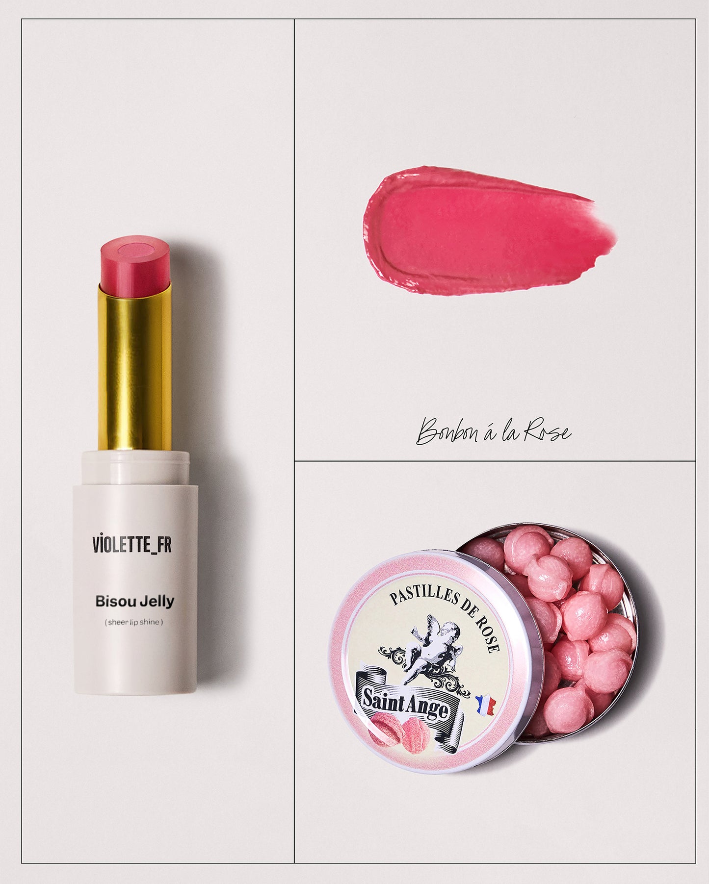 Violette_FR Bisou Jelly sheer lip shine in a white and gold tube, shown with a swatch of its sheer pink shade labeled 'Bonbon à la Rose', and an open tin of 'Saint Ange PASTILLES DE ROSE' pink candies.