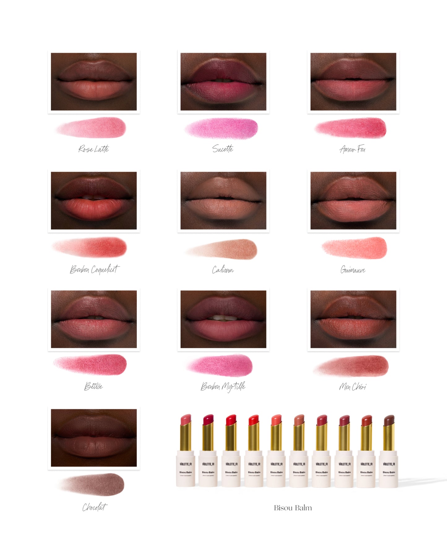 Violette_FR Bisou Balm (sheer matte lipstick) shades Rose Latte, Sucette, Amour Fou, Bonbon Coquelicot, Calisson, Guimauve, Bêtise, Bonbon Myrtille, Mon Chéri, Cocolat, shown on lips of a model with deep skin tone and as swatches, plus the product tube.