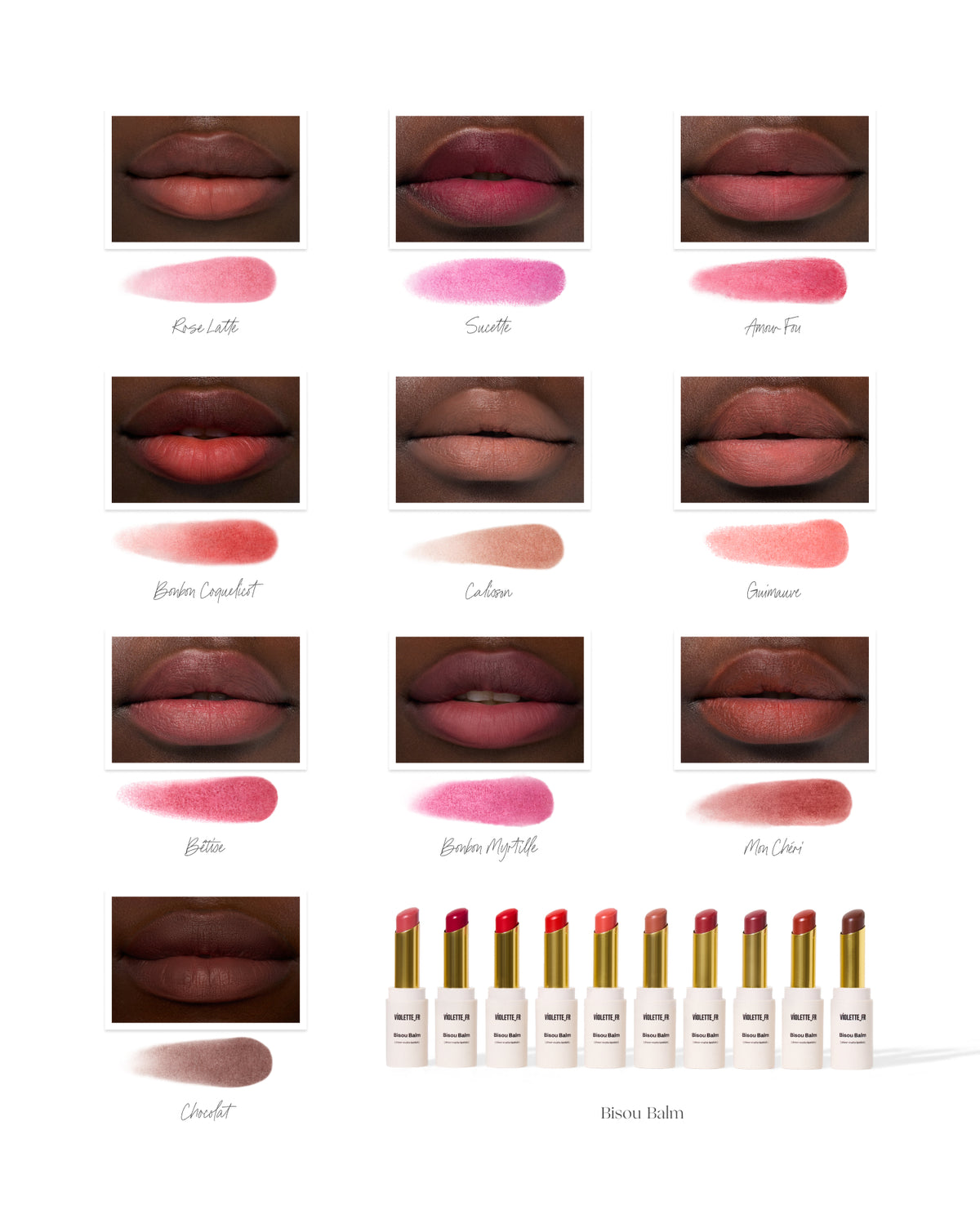Violette_FR Bisou Balm (sheer matte lipstick) shades Rose Latte, Sucette, Amour Fou, Bonbon Coquelicot, Calisson, Guimauve, Bêtise, Bonbon Myrtille, Mon Chéri, Cocolat, shown on lips of a model with deep skin tone and as swatches, plus the product tube.