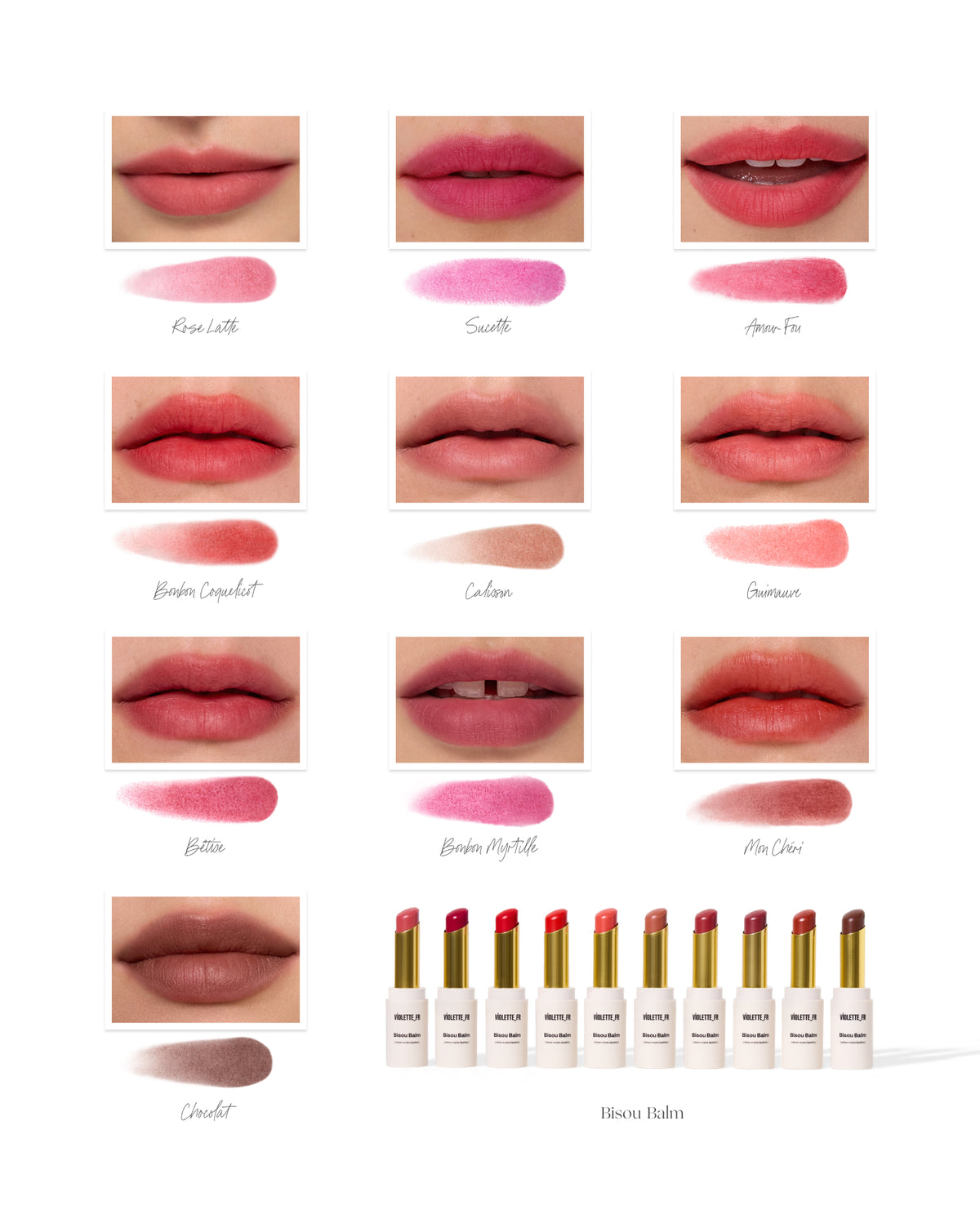 Bisou Balm - Calisson - Violette_FR Bisou Balm (sheer matte lipstick) shades Rose Latte, Sucette, Amour Fou, Bonbon Coquelicot, Calisson, Guimauve, Bêtise, Bonbon Myrtille, Mon Chéri, Cocolat, shown on lips of a model with light to medium tone and as swatches, plus the product tube. - Image 34 of 34