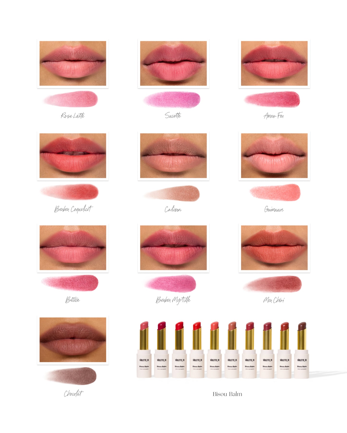 Violette_FR Bisou Balm (sheer matte lipstick) shades Rose Latte, Sucette, Amour Fou, Bonbon Coquelicot, Calisson, Guimauve, Bêtise, Bonbon Myrtille, Mon Chéri, Cocolat, shown on lips of a model with medium tone and as swatches, plus the product tube.
