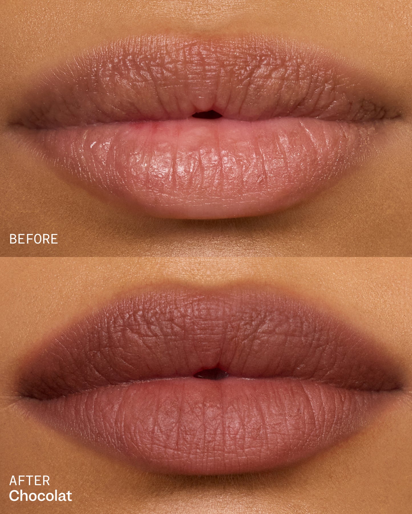 BEFORE and AFTER: Medium skin tone lips, natural light pink and nude in the top section, and with cool brown with burgundy undertones lipstick in shade Chocolat in the bottom section. - Bisou Balm