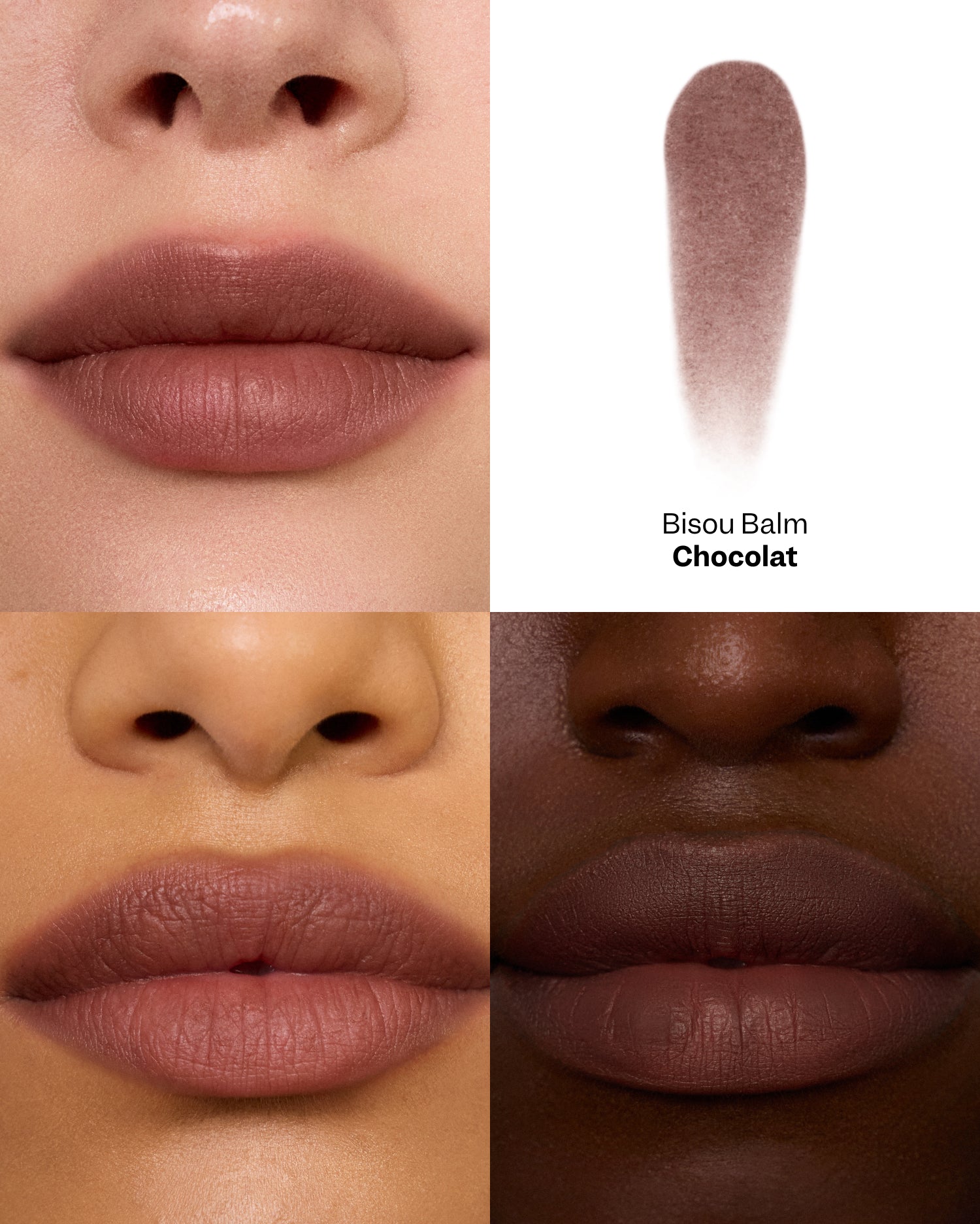 Bisou Balm - Calisson - Bisou Balm Chocolat showed on lips of models with light, medium, and deep skin tones, and a cool brown with burgundy undertones color swatch. Color of lipstick is cool brown with the red/pink undertone from the models natural lip colors.  - Image 23 of 23