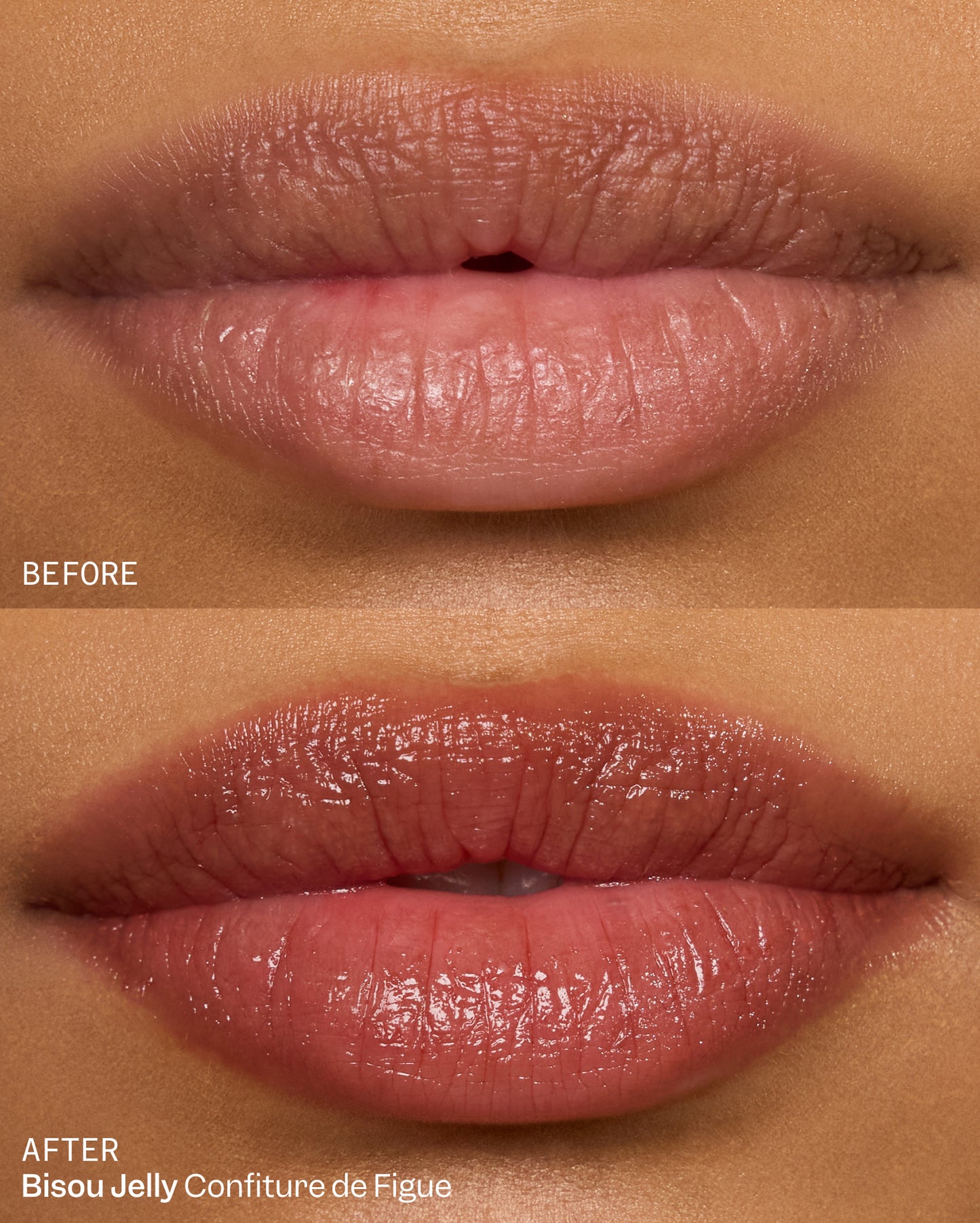 A close-up of lips that shows a before and after comparison. The lips "before" are matte and bare, and the lips "after" have a sheer rosy-brown tint with a glossy and hydrated finish. - Bisou-Bisou Lip Duo