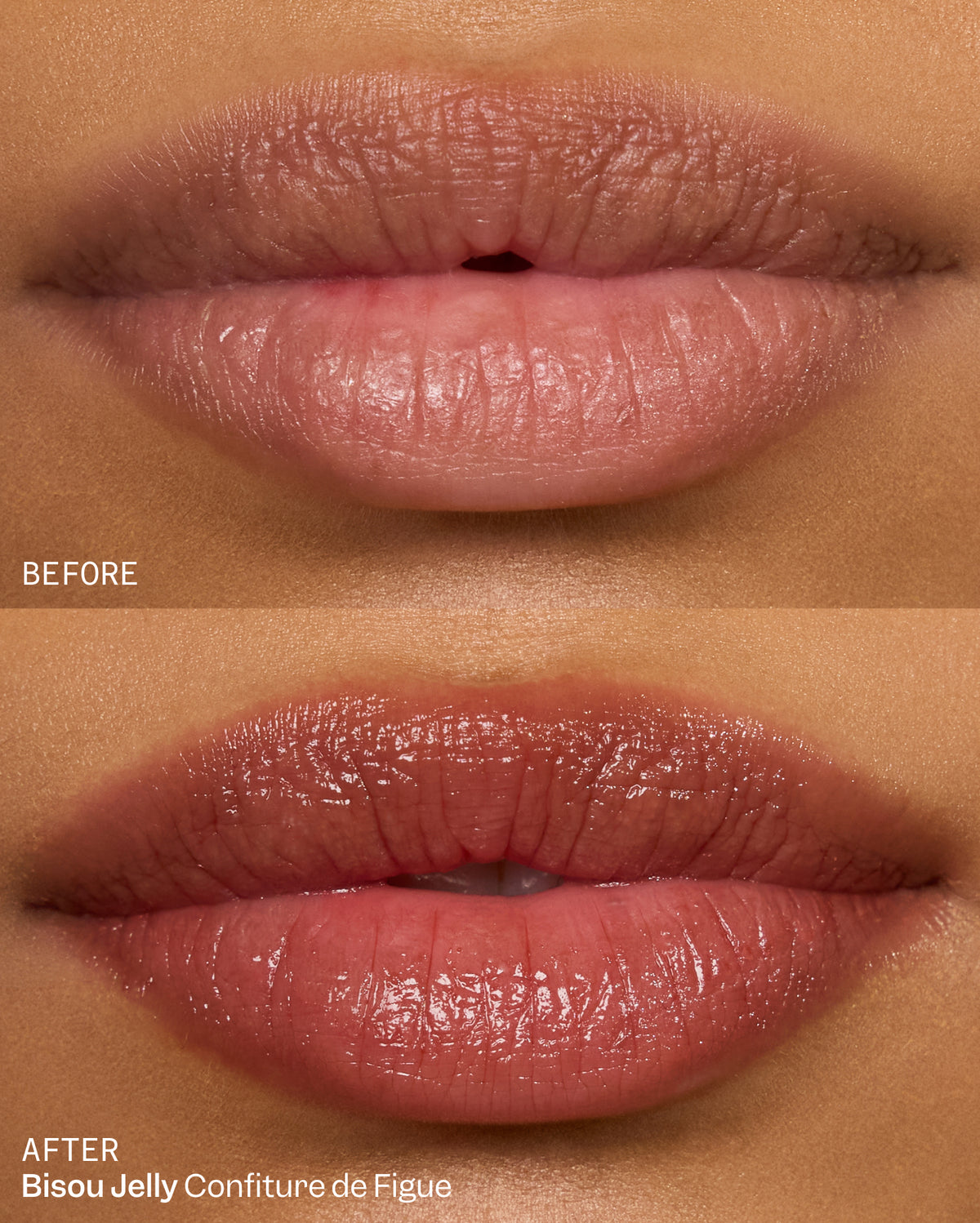Bisou-Bisou Lip Duo - A close-up of lips that shows a before and after comparison. The lips "before" are matte and bare, and the lips "after" have a sheer rosy-brown tint with a glossy and hydrated finish.   - Image 9 of 16