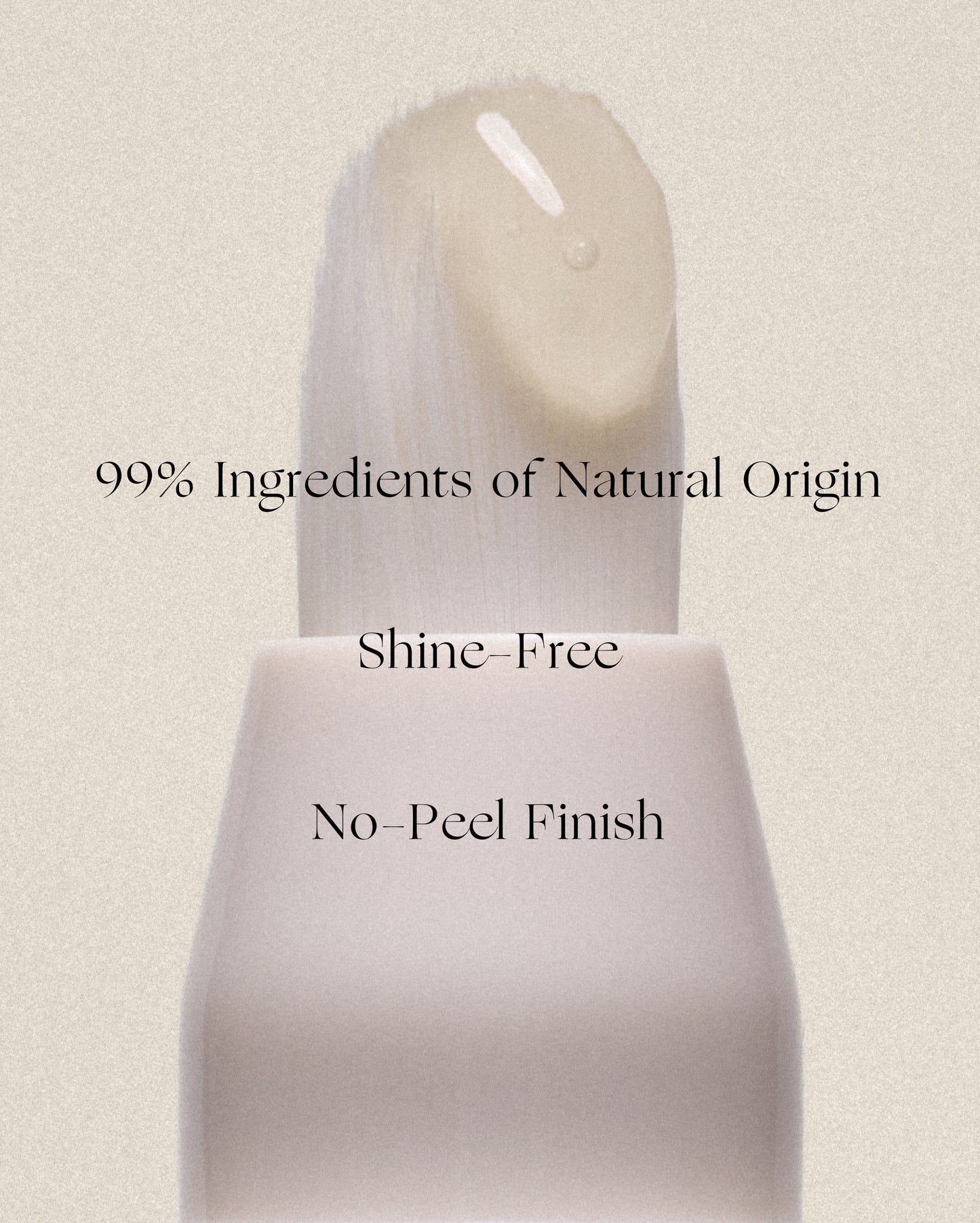 Cosmetic applicator with clear gel on a white brush tip. Text reads: 99% Ingredients of Natural Origin, Shine-Free, No-Peel Finish. - Invisible Bandage
