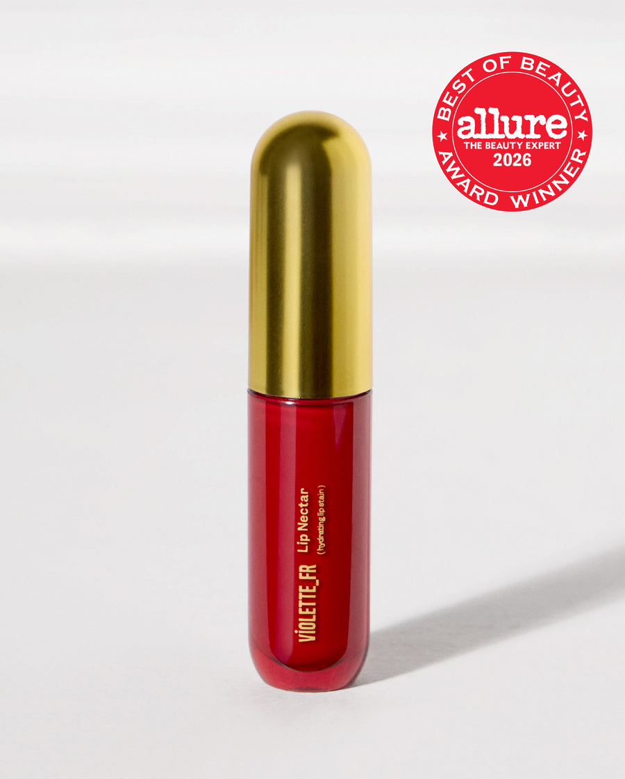 VIOLETTE_FR Lip Nectar (hydrating lip stain) in a red bottle with a gold cap, featuring an Allure Best of Beauty Award Winner 2026 seal.