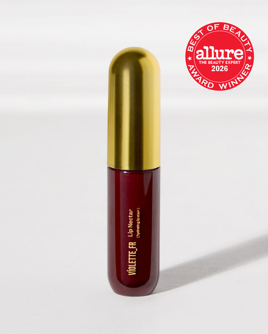Violette_FR Lip Nectar (hydrating lip stain) in a deep red bottle with a gold cap. It is an 'Allure Best of Beauty 2026 Award Winner'.
