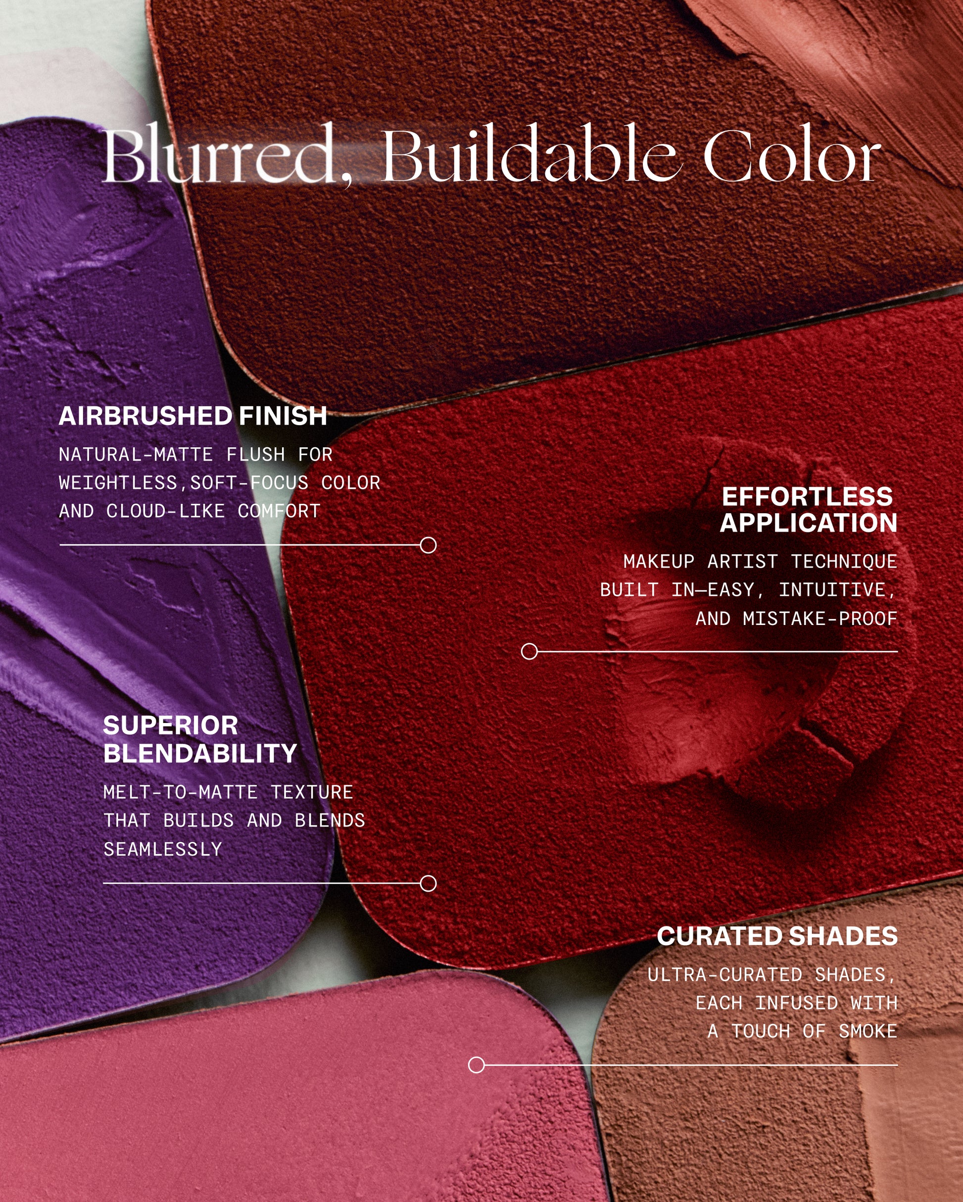 Color swatches with text describing features of a makeup product