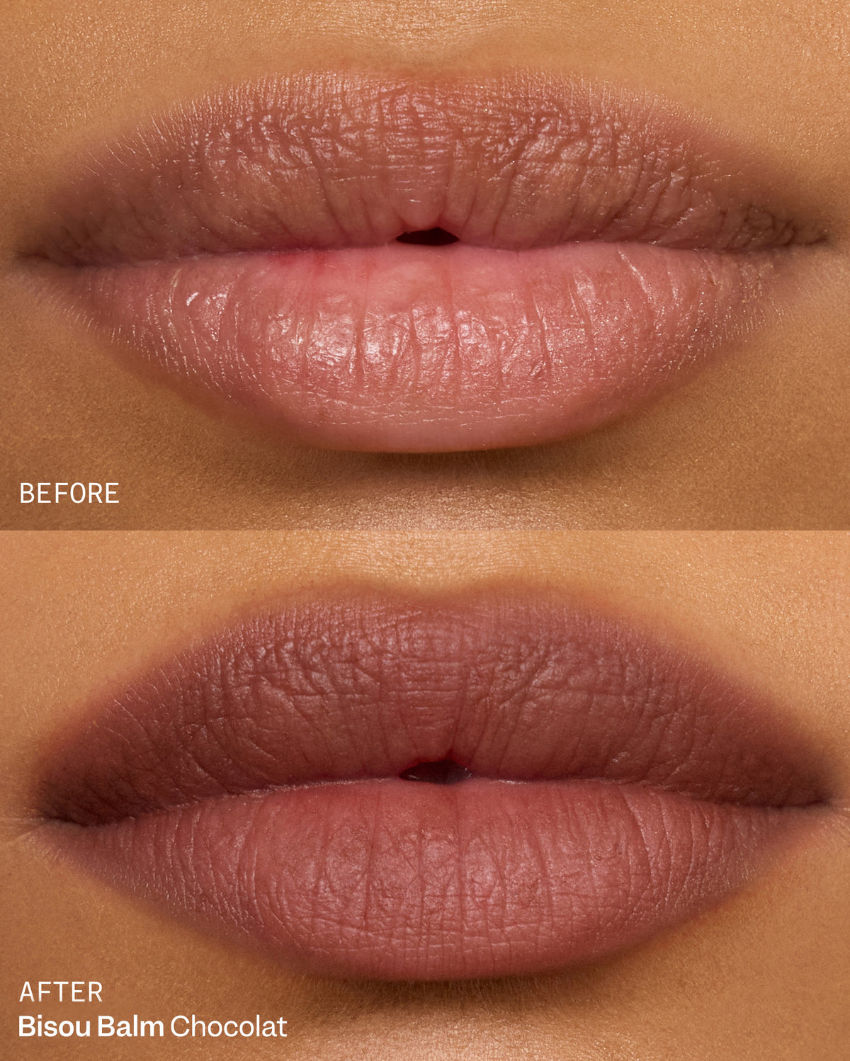 BEFORE and AFTER: Medium skin tone lips, natural light pink and nude in the top section, and with cool brown with burgundy undertones lipstick in shade Chocolat in the bottom section. - Bisou-Bisou Lip Duo