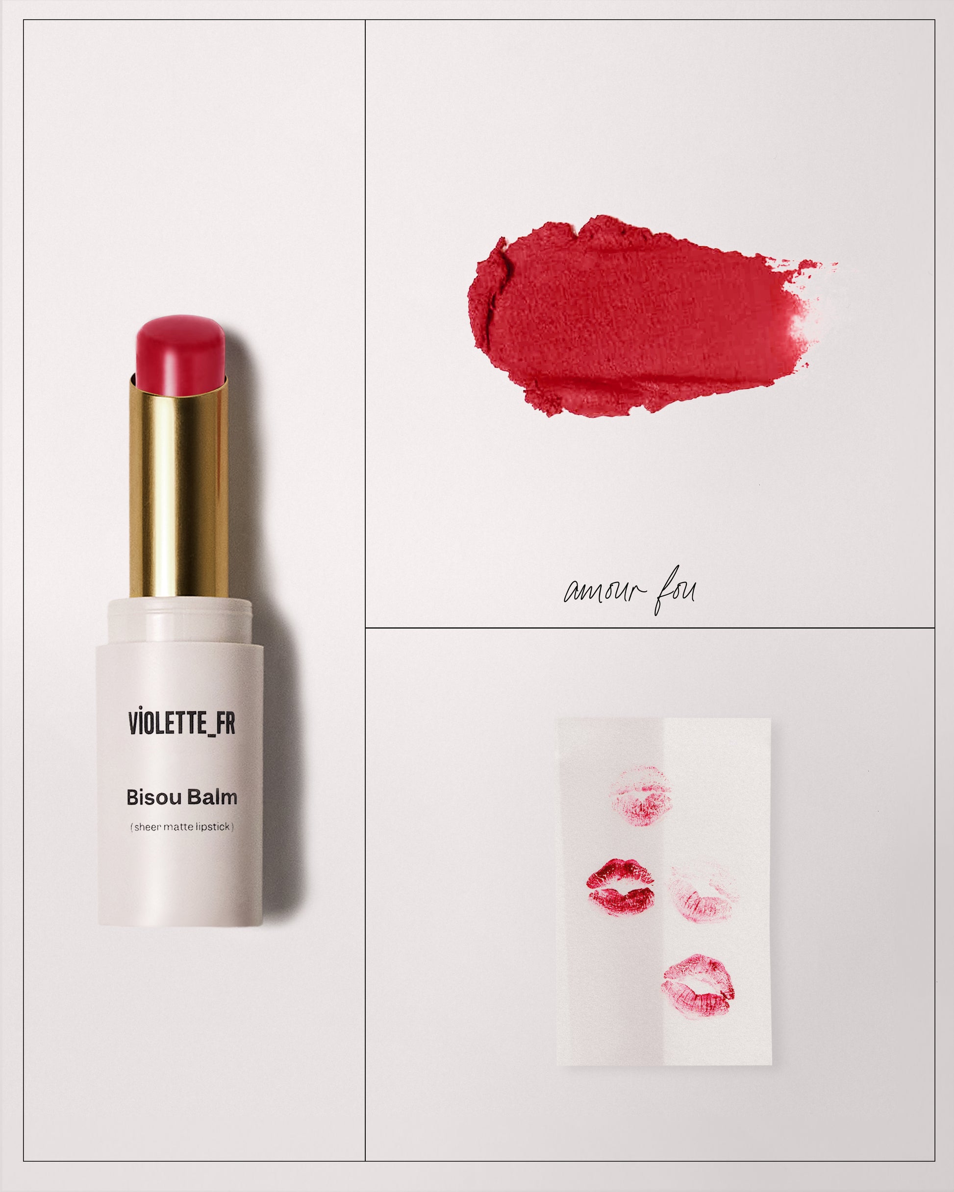 Bisou Balm - Bêtise - A vibrant red bullet extended with a gold bullet and white packaging next to a swatch and in the lower right corner, red kisses on a piece of paper - Image 89 of 89