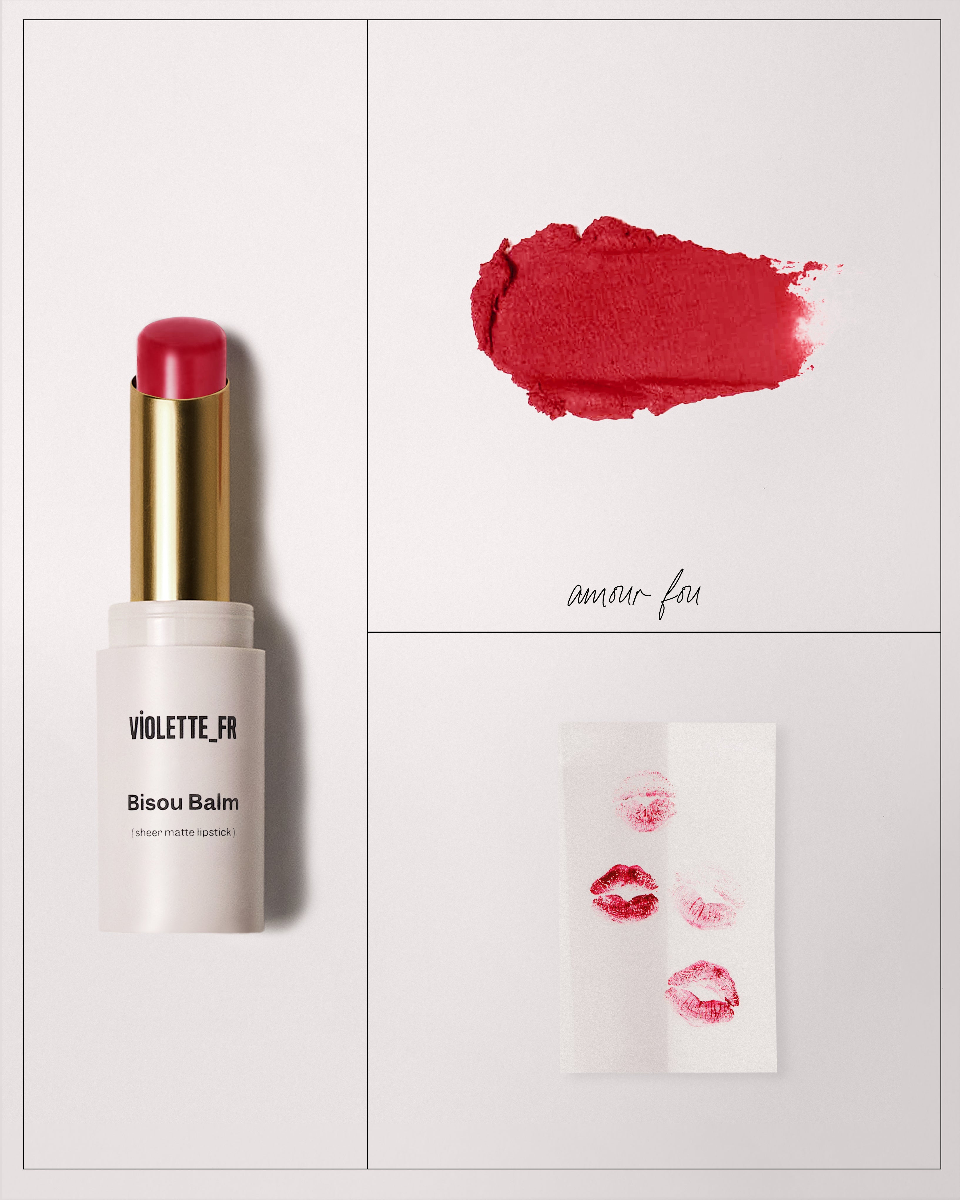 A vibrant red bullet extended with a gold bullet and white packaging next to a swatch and in the lower right corner, red kisses on a piece of paper