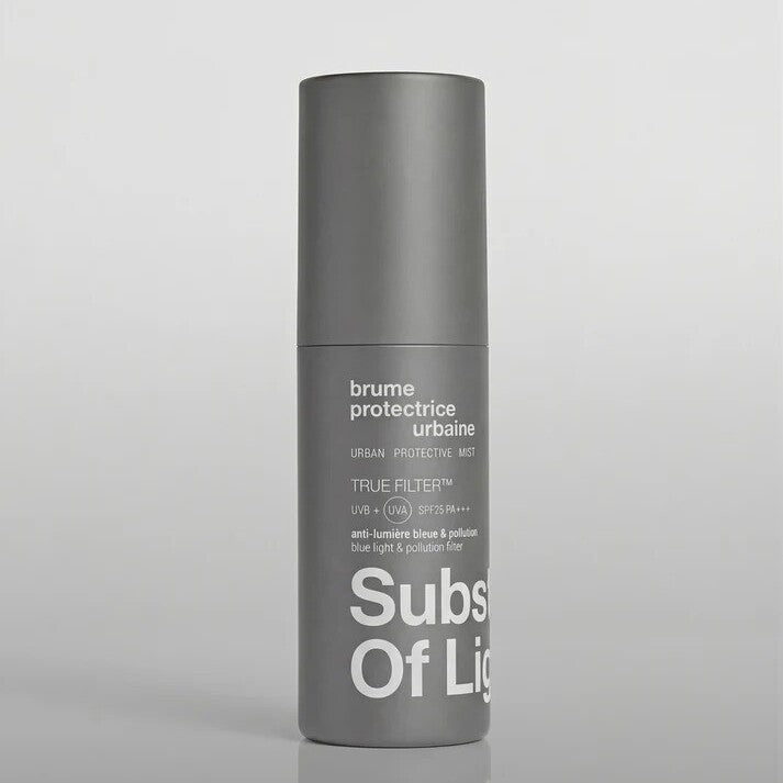 substance of light true filter spf in a grey tube and grey background
